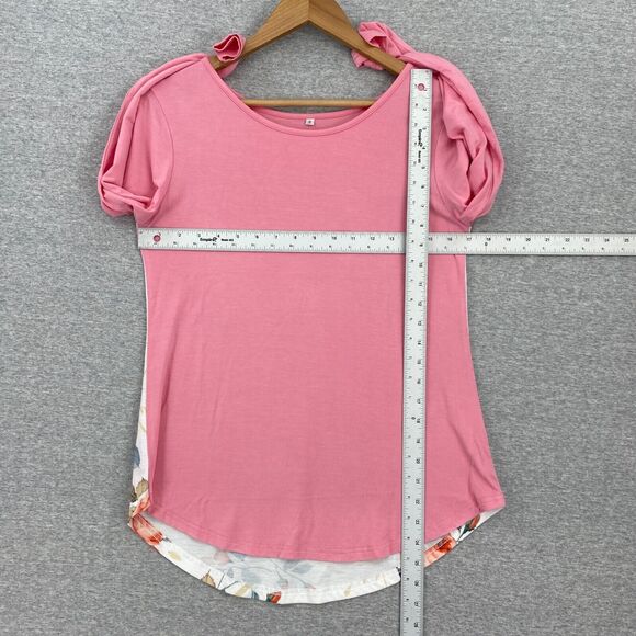 Blouse Womens Small Pink White Floral Top Long Sleeve Round Neck Curved Hemline - Picture 9 of 11